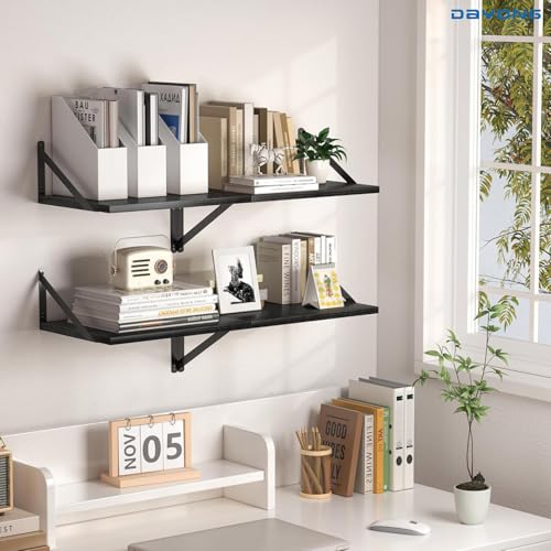 DAYONG Deep Wall Mounted Floating Shelf, 16W x 12D Rustic Wood Floating Shelves with Metal Brackets, Set of 2 Hanging Shelf for Kitchen, Living Room, Bathroom and Bedroom Decor (Black)