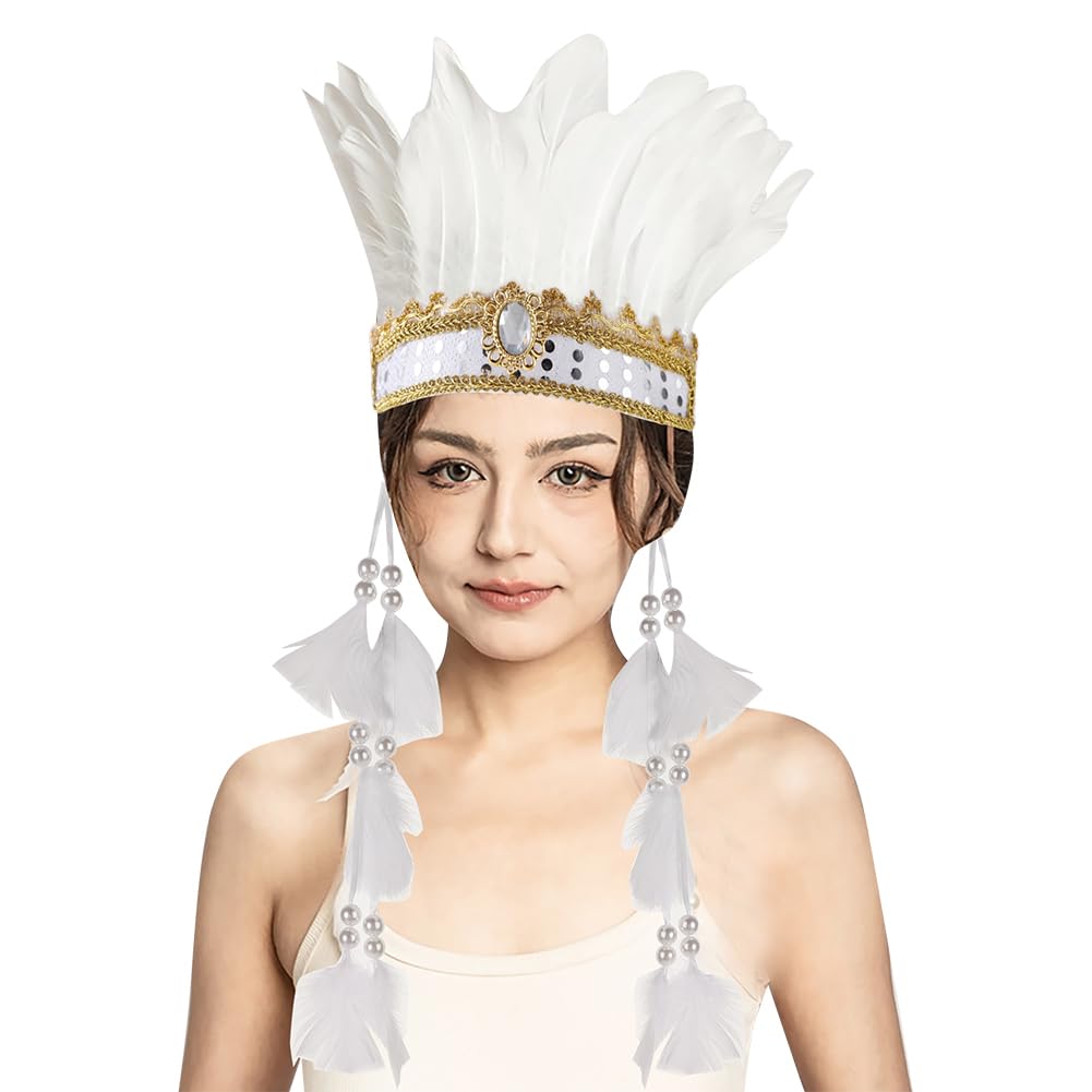 Ladies Indian Feather Headband Bohemian Tassel Sequin Crown Hippie Headdress Tribal Headpiece Indian Fascinator Headwear Boho Hair Accessories for Halloween Cosplay Party Festival Costume Accessories