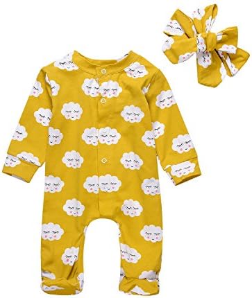 Newborn Baby Girls Cute Cartoon Smile Clouds Romper Buttons Front Bodysuit Warm Outfit With Headhand (Yellow, 0-3Month)