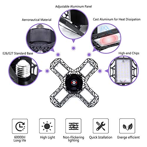 Werkstattlampe, 120W Led Deckenlampe Schwarz mit 12000 Lumen Verformbarem Vierblättrigem Panel, Led Lampe E27 für… – Bild 4