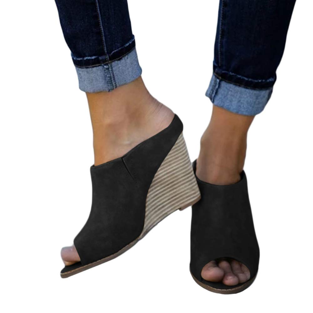 Women’s Wedge Mules Peep Toe Slide-On Stacked Heel Slingback Faux Suede Dress Summer Sandals