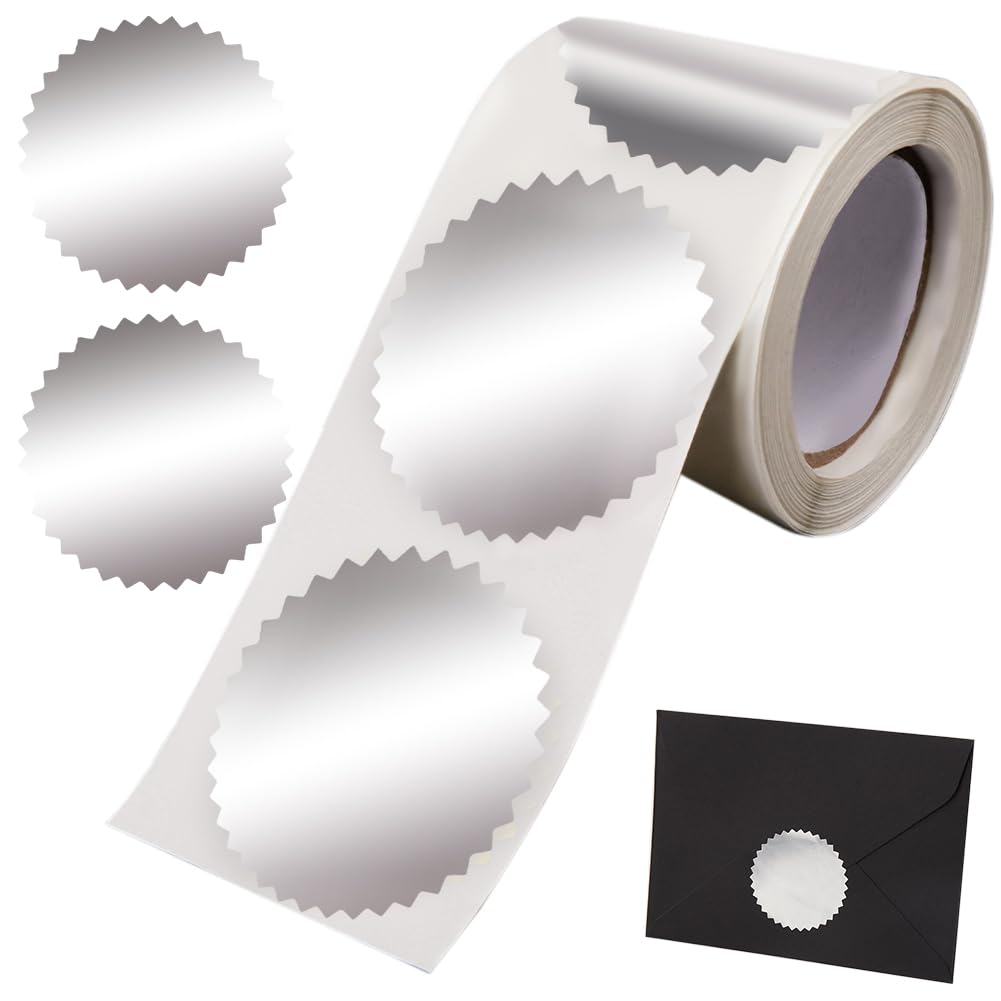 CRASPIRE 250Pcs Silver Envelope Seals Stickers Blank Silver Stickers Certificate Award Seals Stickers Metallic Stickers with Serrated Edge 2" Round Labels Silver Foil Stickers for Package Wedding