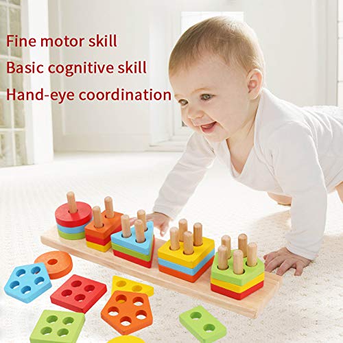 image for WOOD CITY Wooden Sorting & Stacking Toys for Toddlers, Educational Sha