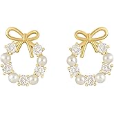 Bow Earrings for Women Pearl Bow Earrings Tassel Dangle Rhinestone Earrings Jewelry Gifts (F)