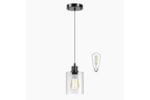 LIGHTBIZ Pendant Light Kitchen Island Lighting, with Bulb & Clear Glass Shade - 59 Inch Hanging Cord Farmhouse Hanging Lighting Fixture for Dining Room Bedroom Hallway - Black, 1 Pack