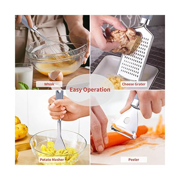 Uarter Kitchen Utensil Sets 5 Pcs - Kitchen Tools Essentials Gadgets - Cookware Gadgets/Accessories with Potato Masher | Peeler | Cheese Grater | Whisk | Pizza Cutter - Cooking Utensils for Daily Use