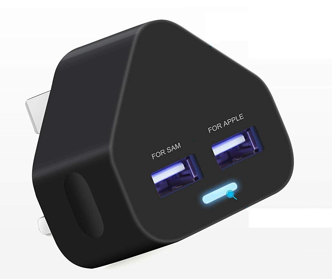 AMO® 2 amp USB 2-Port Plug Multi Charger Black Compatible with Samsung Galaxy S20 S10 S9 S8 Plus FE A51 A52 A40 A41 A50 A70 A71-iOSiPhones Xs/XS Max/XR/X/8/7/6/Plus,Air 2/Mini 4/ Many More Models