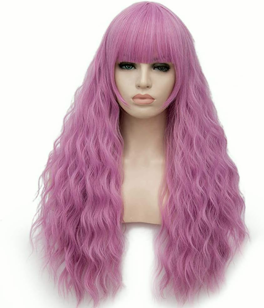 Women's Fashion Neat Bangs Blonde Long Curly Synthetic Wig Natural Silky Christmas Party Cosplay Wig 27 Inches with Free Wig Cap