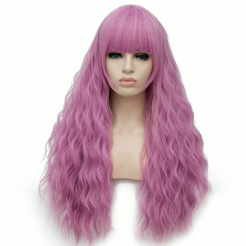 Women's Fashion Neat Bangs Blonde Long Curly Synthetic Wig Natural Silky Christmas Party Cosplay Wig 27 Inches with Free Wig Cap