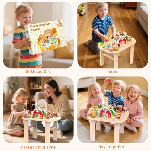 Weilim Montessori Wooden Activity Table, 1 Year Old Baby Toy with Bead Maze and Animal Shape Sorter and Train, Sensory Table, Educational Toy for Children from 12 Months