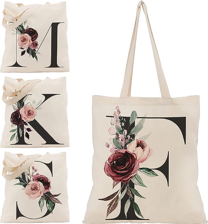 Floral Initial Canvas Bag Gifts for Women - 15"x16" Shoulder Tote Bags for Bridesmaids Hen Party Teacher Gift Shopping Bag C1 (Initial #F)