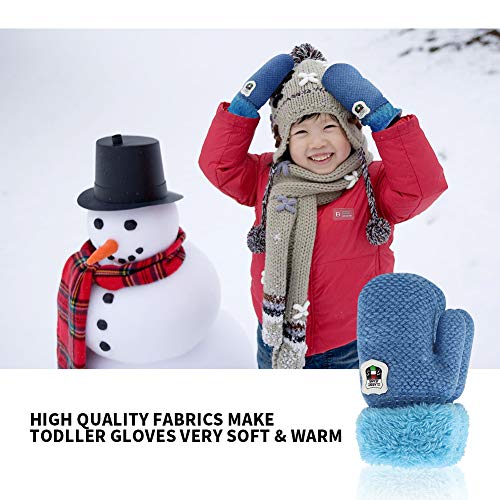 ORVINNER 2 Pairs Toddler Gloves Baby Boys Girls Winter Warm Sherpa Lined Knit Gloves Kids Mittens Brown/Royal-Blue Pack - Thumbnail 4