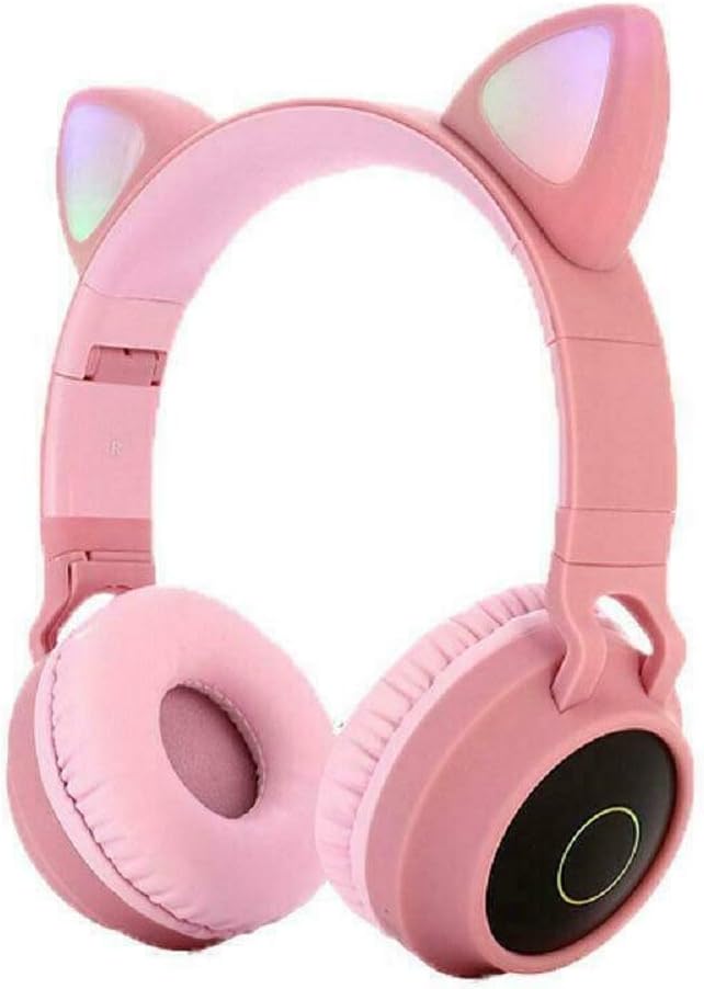 Over-ear Headphones With Cat Ear，Foldable Bluetooth headset，LED illuminated headphones, suitable for girls, boys, adults (Pink)