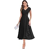 Gjvgj Formal Mother of The Bride Dresses for Women Cap Sleeve Chiffon Tea Length Mother of The Groom Dress