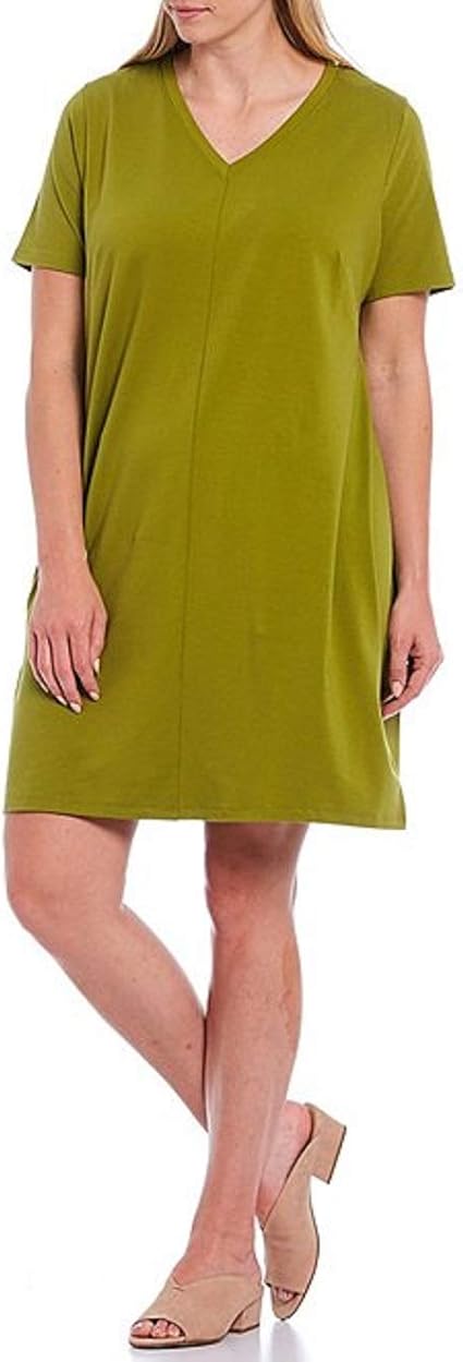 Eileen Fisher Plus Fern Organic Cotton Stretch Jersey V-Neck K/L Dress Size 2X MSRP$178 Mustard 