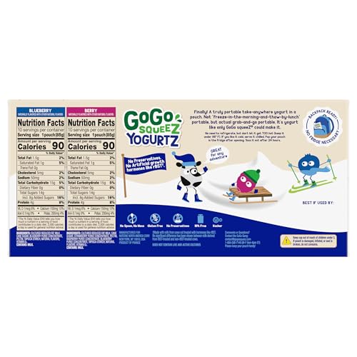 GOGO SQUEEZ YOGURTZ VARIETY PACK, BLUEBERRY & BERRY, 3 OZ (PACK OF 20), KIDS SNACKS MADE FROM REAL YOGURT AND FRUIT, NO FRIDGE NEEDED, GLUTEN FREE, NUT FREE, RECLOSEABLE CAP, BPA FREE POUCHES