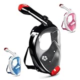 Full Face Snorkel Mask, New Foldable Snorkeling Diving Mask with 180° Panoramic View, Anti-fog, Anti-leak, and Easybreath Design prevents Gag Reflex, GoPro Adapter + Earplugs + Bag, for Adults & Youth