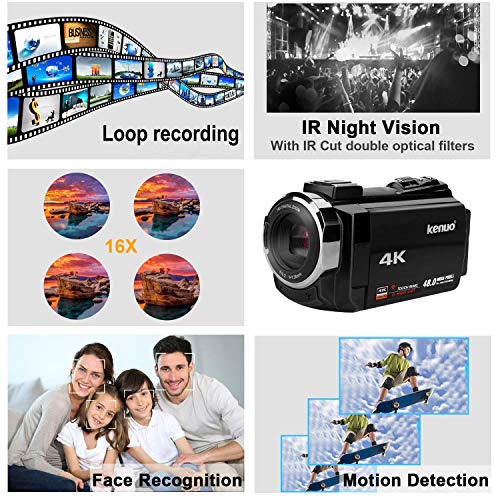 Video Camera, Kenuo 4K Camcorder 48MP 4K Video Camera Ultra HD Digital Video Camera with External Microphone 3.0" Touch Screen IR Night Vision 16X Digital Zoom Cameras with Wide Angle Lens,2 Batteries