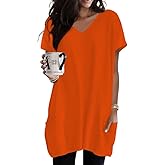 Poetsky Summer Womens Tunic Tops for Leggings with Pockets Vneck Short Sleeve Casual Long T Shirts S-3XL