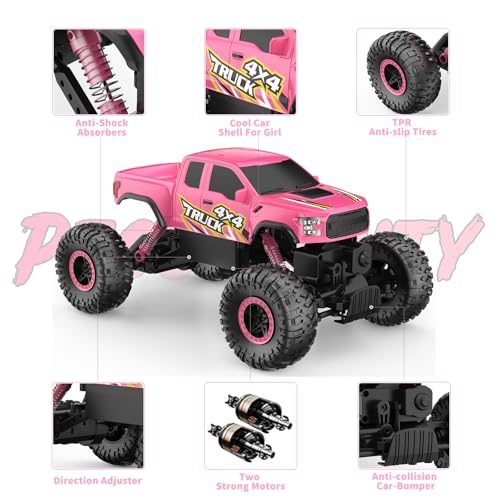 Double E Raptor F150 RC Car 4WD 2 Motors Monster Trucks for Girls, 11 Inches Off Road Crawler Vehicle Truck Toy with Rechargeable Battery Gift for Kids 6 7 8 9 10 11 12 Years-Pink