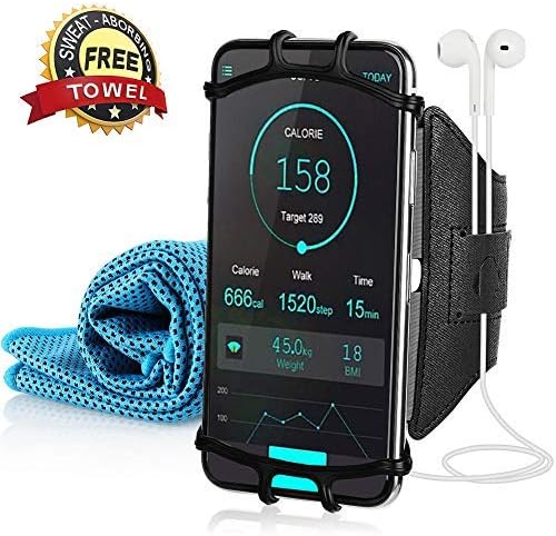 180° Rotatable Running Armband with 31.5'' x 11.8'' Cooling Towel, Super Phone Holder and Towel for Running, Jogging, Cycling, Training, Arm Package fit for 4-6 inch Mobile Phone