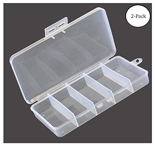 BIN BUDDY(2 Pack Clear Plastic Boxes | 5 Compartments Each | 1.25" x 3.5" Sections | 3.5" x 7" Overall Size | Versatile Home Organizer with Hanging Hook