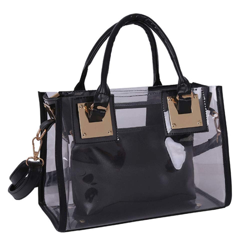 Rullar Women 2 Pcs Small Clear Tote Beach Shoulder Top-Handle Bag PVC Transparent Satchel Handbag Purse Black