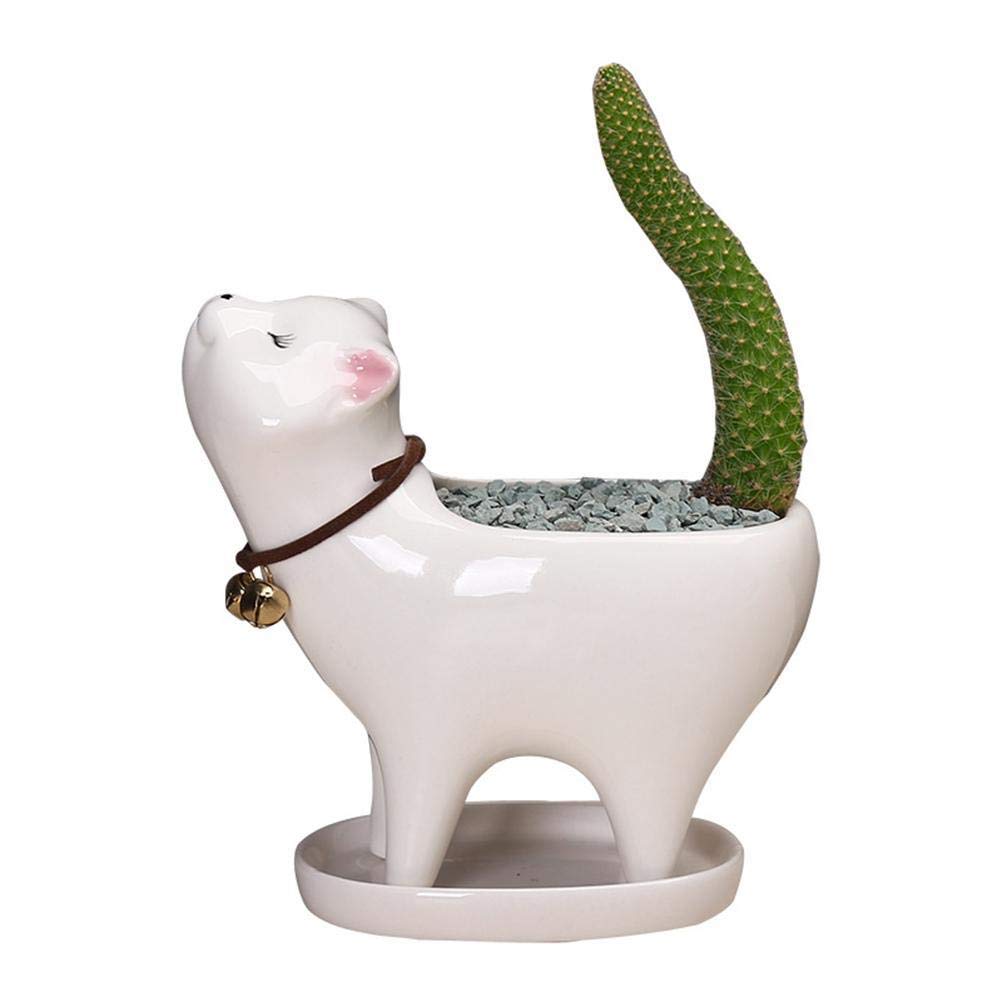 Yolluu Planter, Cat Tail Flowerpot, Indoor Ceramic Planter, 13.5 cm x 12.0 cm x 10.0 cm, White, Drainage Hole, for Plants, Home and Office Decoration