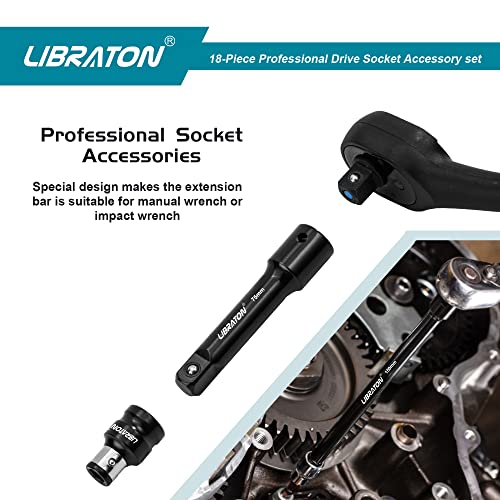 LIBRATON Ratchet Extension Set, Adapters and Sockets, 18PCS Socket Wrench Extensions, Reducers and Gimbals, Square Adapter to Hex 1/4 3/8 1/2