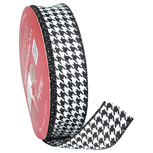 Premium Black & White Houndstooth Pattern Wired Ribbon, 1-1/2 inches x 50 Yards