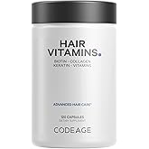Codeage Hair Vitamins 10000 mcg Biotin, Keratin, Collagen, Vitamin A, B12, C, D3, E, Zinc, Turmeric, Probiotics, Enzymes, Inositol - Hair Care Support - Healthy Hair Supplement Pills - 120 Capsules