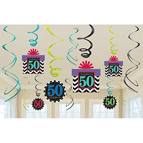The Party Continuous 50th Birthday Party Hanging Swirl Ceiling , Pack of 12, Multi , 9.5