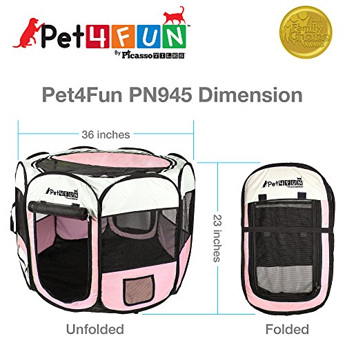 PicassoTiles PET4FUN PN935/PN945 Portable Pet Puppy Dog Cat Playpen Crates Kennel w/Water Resistant 600D Oxford, 210D Nylon, Carrying Bag, Collapsible Bowl, Removable Mesh Cover 2 Sizes