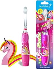 Brush Baby KidzSonic Toddler and Kid Electric Toothbrush for Ages 3+ Years - Disco Lights, Gentle Vibration, and Smart Timer Provide a Fun Brushing Experience - (1) 3+ yrs Brush Head Include - Unicorn
