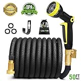 NAYAHOSE 50ft Garden Hose, Expandable Water Hose 50' Outdoor Gardening Flexible Expanding Hoses Lightweight Yard Hose Black with 3/4 inch Solid Brass Fittings, 9 Function Hose Nozzle
