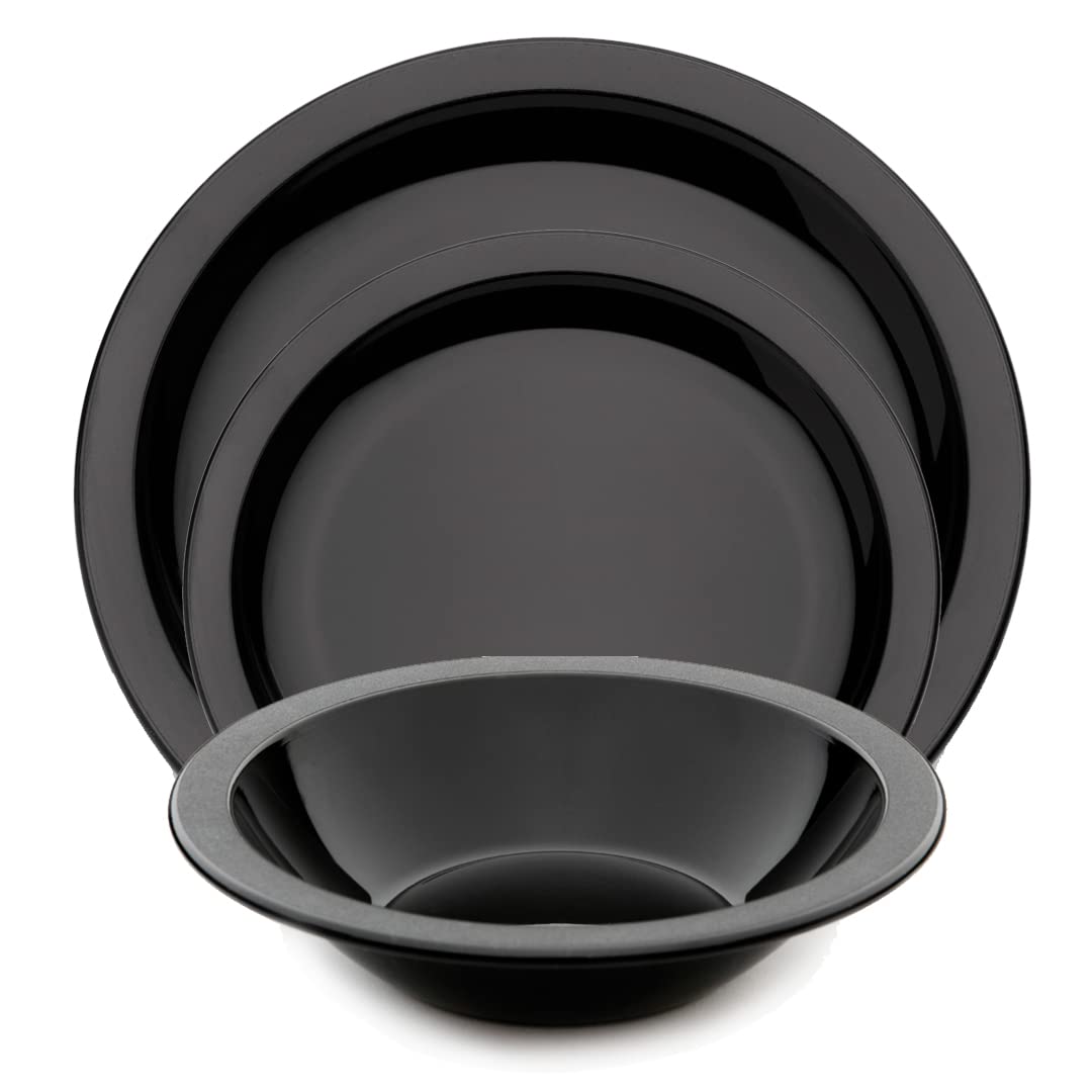 Harfield 3 Piece Tableware Set Dining Plates & Bowl Virtually Unbreakable Reusable Polycarbonate (Black)