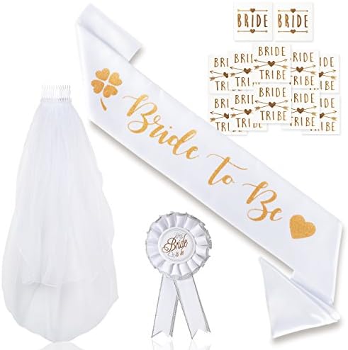 Hen Party White Bridal Sash - Perfect Length Super Soft Bride to Be Sash - Great for Bridal Shower and Hen Do Decorations - Bridal Party Favors and Bride to Be Gift - Single + Kit