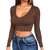 Artfish Women's Long Sleeve Scoop V Neck Crop Top