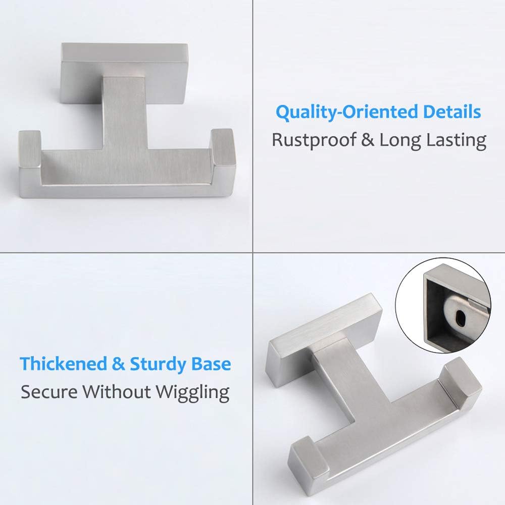 Double Towel Hook, Angle Simple SUS304 Stainless Steel Bath Towel Holder, Bathroom Double Robe Hook, Hand Towel Hanger Wall Mount, Brushed Nickel - - 