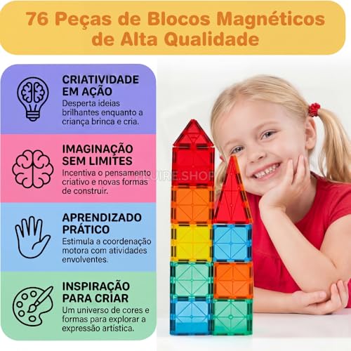 Blocos Magneticos Infantil de Montar 76 Peças, Brinquedo Educativo Construção Infantil 2D, 3D, Jogo Pedagógico para Coordenação Motora, Raciocínio Lógico, Criatividade e Aprendizado STEM