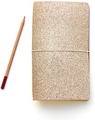 Traveler's Notebook, Gold Glitter with reversible Metallic Rose Gold. Comes with 3 Closure Band Options. Vegan leather journal cover. Cruelty-free product. Made in USA.
