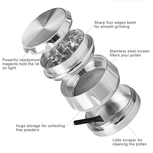 iRainy G2 Pocket Size Spice Herb Grinder - Small Tiny 1.6 Inch 4 Pieces with Pollen Catcher (Silver)