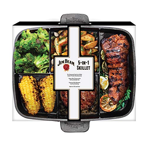 Jim Beam JB0182 Heavy Duty Construction 5-in-1 Cast Iron Skillet with Superior Heat Retention and 5 Separate Cooking Areas, 15", Black
