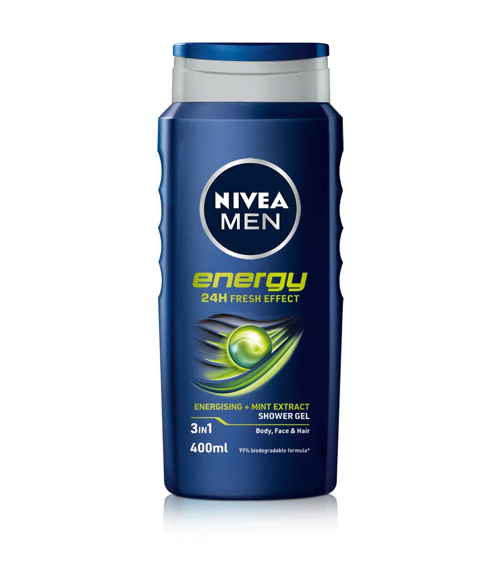 NIVEA MEN Shower Gel Energy (6 x 400ml), Energizing Body Wash with Mint Extract, All-in-1 for Men, with Fresh Masculine Scent