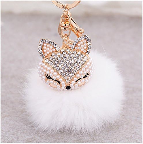 Casualfashion 7 Colors Artificial Fox Fur Ball with Artificial Fox Head Inlay Pearls Rhinestone Key Chain for Womens Bag or Cellphone or Car Pendant (7#)