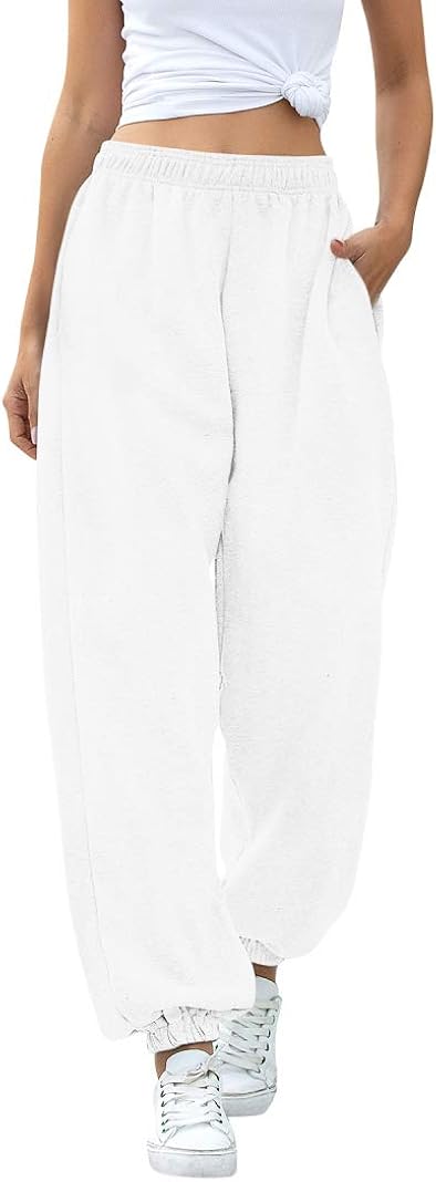 Meladyan Women's Solid Baggy Joggers Sweatpants Elastic High Waist Active Pants with Two Pockets: Clothing
