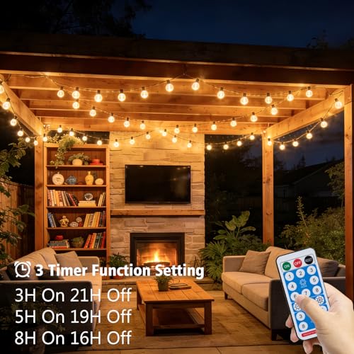 LED Fairy Lights Outdoor Solar 10 m Fairy Lights 25 + 2 G40 Bulbs Timer | Remote control, auto on/off, waterproof, dimmable, 8 modes, garden, patio, wedding, balcony decoration, warm white