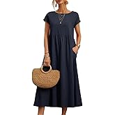 Kubsid Dresses for Women 2024 Summer Cotton Linen Solid Gauze Dress Loose Casual Beach Vacation Flowy Midi Dress with Pockets