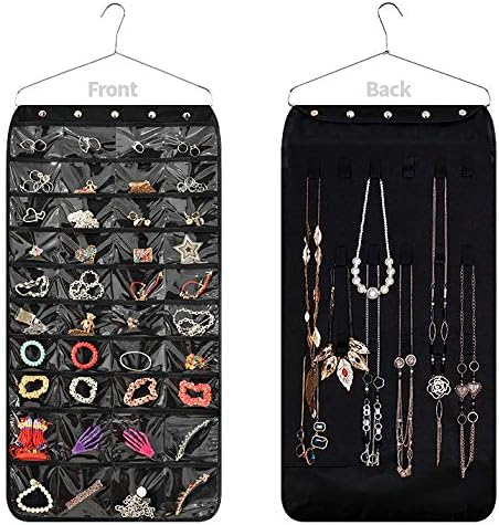 KIMIANDY Hanging Jewelry Organizer Dual Sided Accessory Holder Storage Bag Closet Storage for Earrings Necklace Bracelet Ring with Hanger, 40 Pockets & 18 Hook-and-Loop Tabs
