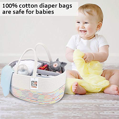 Mebbay Baby Diaper Caddy Organizer, Woven Cotton Rope Storage Basket, Nursery Storage Bin for Changing Table and Car, Detachable Partition with Bottle Holder, Colorful Stitching - Thumbnail 5